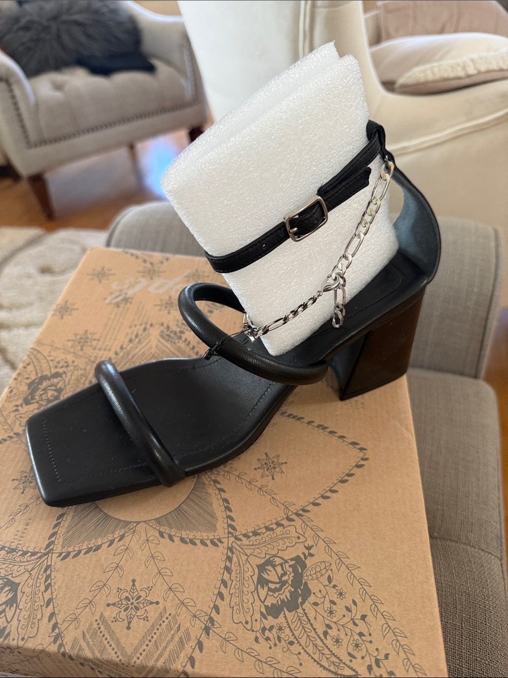 Free People Black Strappy Heeled Sandals with Silver Chain